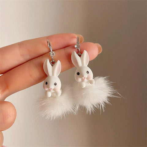 White Plush Cute Animal Earrings For Women