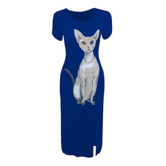 Nevettle Women Cat Print Side Split Long Dress