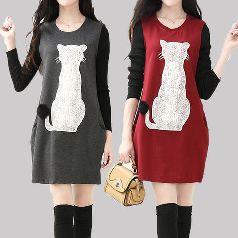 New style 3 colors cat print women dresses for autumn spring and winter