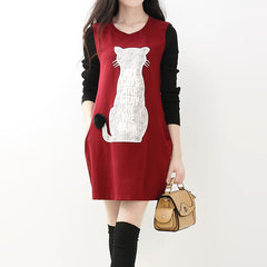 New style 3 colors cat print women dresses for autumn spring and winter