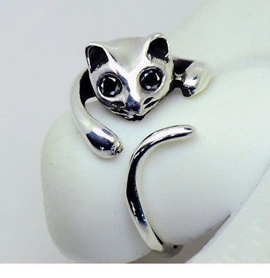Cute Silver Cat Shaped Ring With Rhinestone Eyes, Adjustable and Resizeable