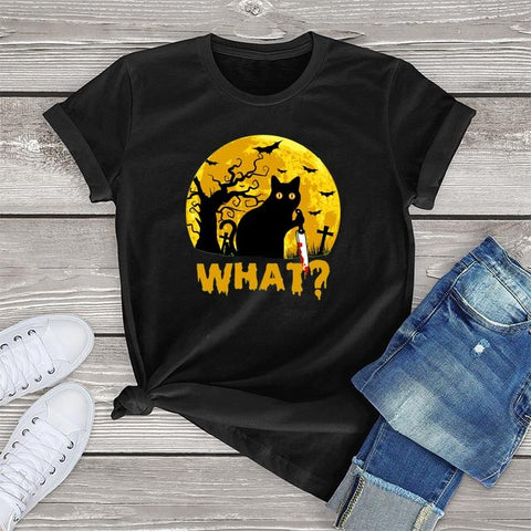 Funny Halloween Black Cat T Shirts For Women