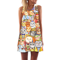 Casual Sleeveless Cartoon Cat Print Mini Dress