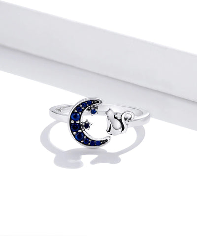 Silver Moon Cat Open Size Adjustable Finger Rings