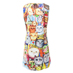 Casual Sleeveless Cartoon Cat Print Mini Dress