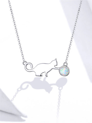 Cat with Ball Opal Link Chain Necklace for Women