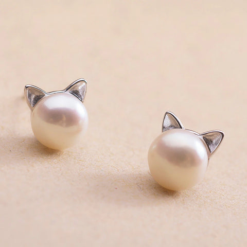 Small Pearl Cat Stud Earrings for Women