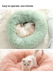 Round donut dog and cat bed long hair cuddle