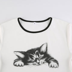 Cat Print O Neck Crop Top Short Sleeve T Shirts For Women
