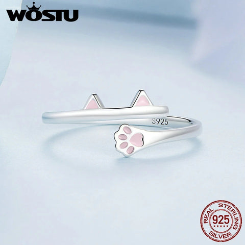 WOSTU 925 Sterling Silver Cute Cat Open Rings For Women