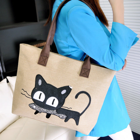 Women Canvas Cute Cat Tote Bag