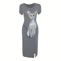 Nevettle Women Cat Print Side Split Long Dress