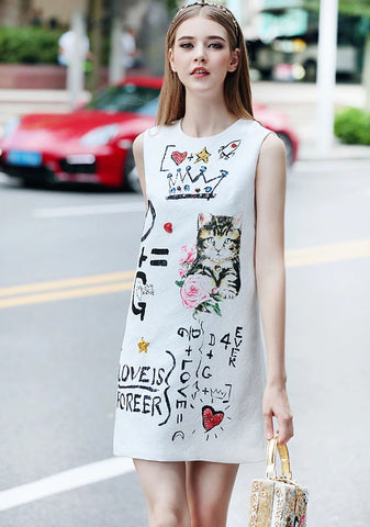 Summer Stylish Elegant Cat Print Sleeveless Vest Dress