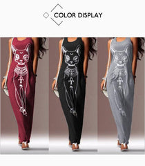 Women Casual Cat Print Boho Beach Dress