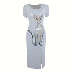 Nevettle Women Cat Print Side Split Long Dress