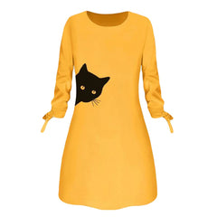 Women Fashion Printed Cat Animal Bow O Neck Long Sleeve Blouse
