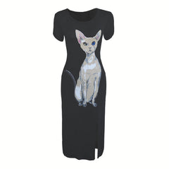 Nevettle Women Cat Print Side Split Long Dress