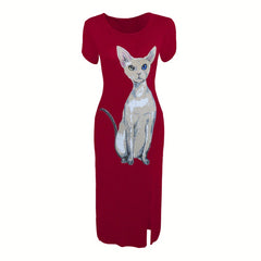 Nevettle Women Cat Print Side Split Long Dress