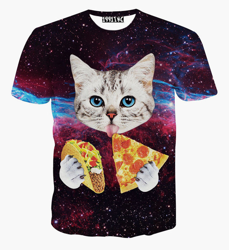 Cute Cat With Blue Eyes Eating Tacos Pizza In Space Galaxy