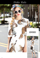Slim Fit Cat Print Midi Dress Vestido Feminino White