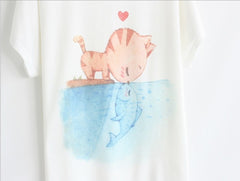 Spring and Summer Sleeve Women's T-shirt Cat Kiss Fish Print Top Tees