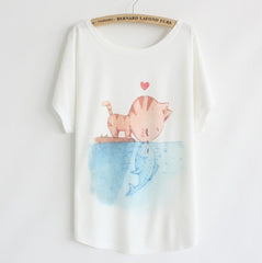 Spring and Summer Sleeve Women's T-shirt Cat Kiss Fish Print Top Tees