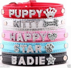 Leather Personalized Pet Cat Dog Puppy Name  Collars with 10MM Rhinestone Letters