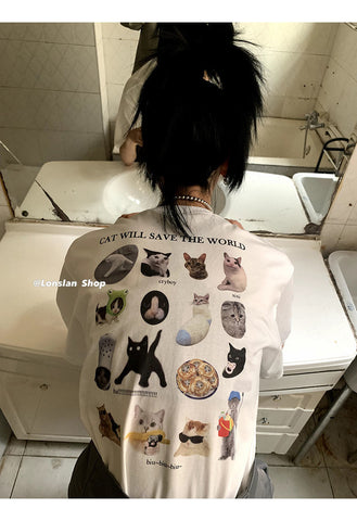 ﻿Cute Cat Printed Graphic White T-Shirt  For Women