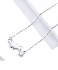 Cat with Ball Opal Link Chain Necklace for Women