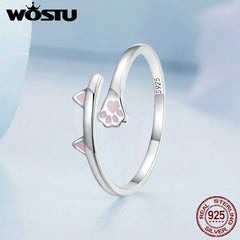 WOSTU 925 Sterling Silver Cute Cat Open Rings For Women